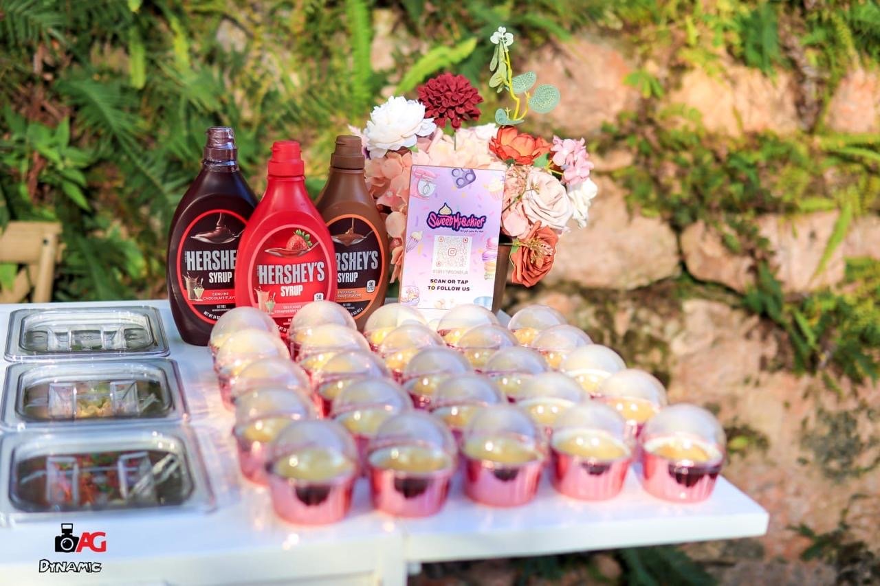 Dessert cart sauces and pudding cups by Sweet Mischief JA