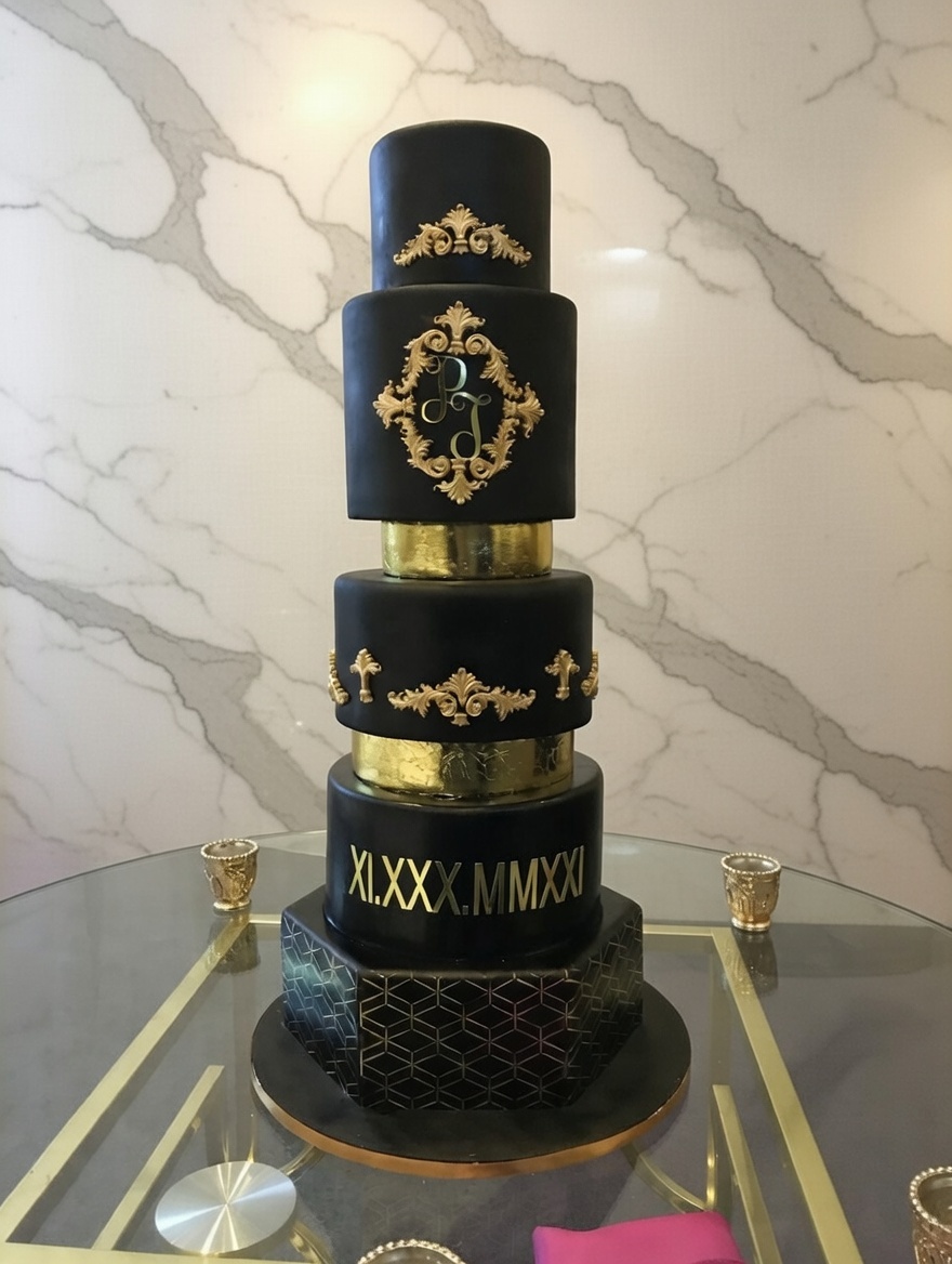 Black & Gold Monogram Cake by Sweet Mischief JA