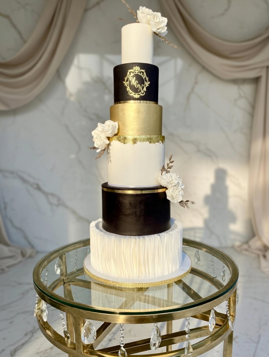 Black, Gold & White Tall Cake by Sweet Mischief JA